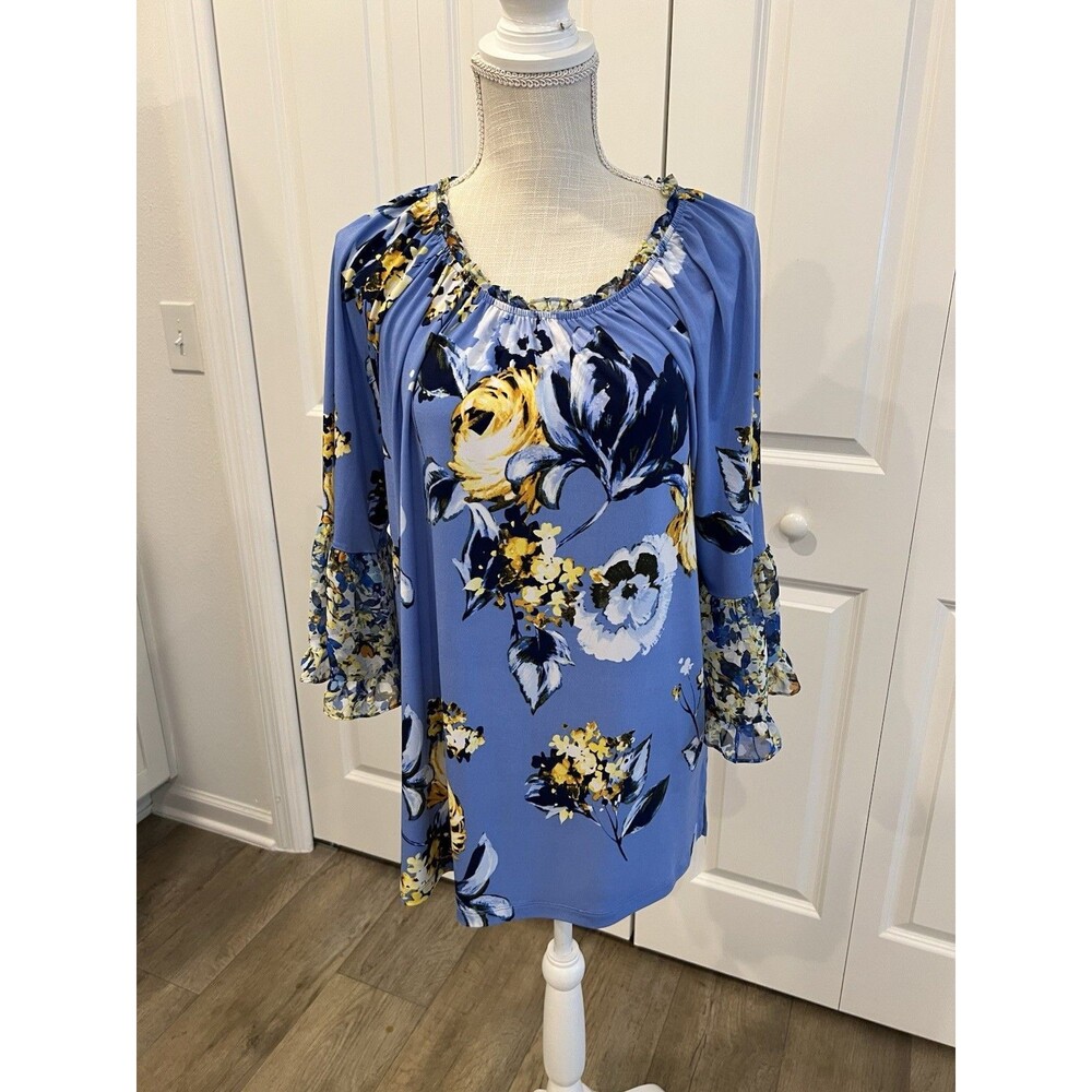 Susan Graver Women’s Blue Floral Ruffle 3/4 Sleeves Bell Sleeve Blouse Sz XL